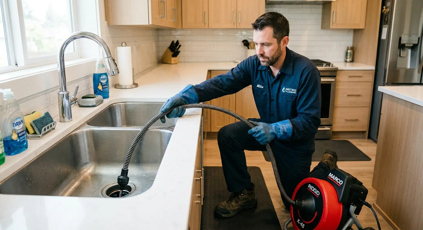 Drain cleaning technician using a motorized snake on a kitchen sink in Dallas