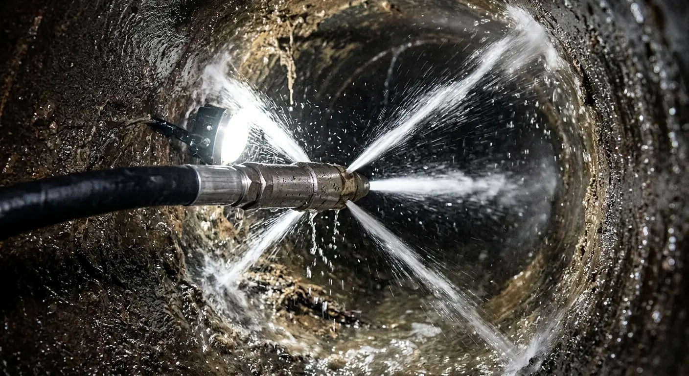 High-pressure hydro jetting nozzle cleaning sewer pipe for Trenchless Sewer Repair in Dallas